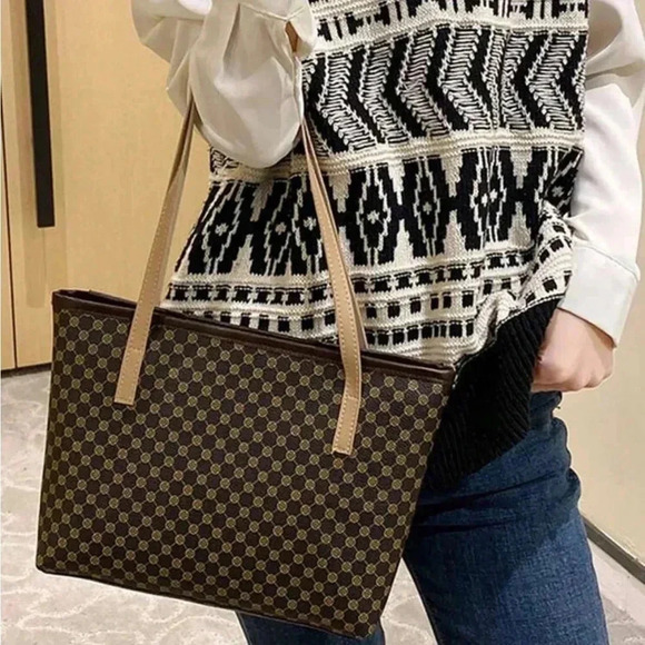 Handbags - ⚠️Clearance Coffee Brown Patterned Large Shoulder Tote Bag